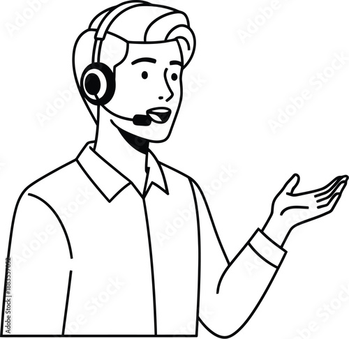 Customer service agent wearing a headset speaks clearly while gesturing with an open hand for client interaction.