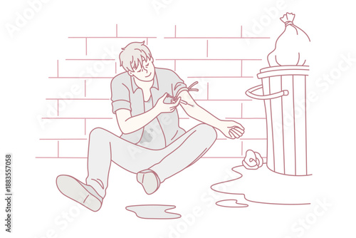 Drug addict and narcomaniac concept. Young man drug addict sitting on floor putting syringe with heroin into vein for pleasure vector illustration