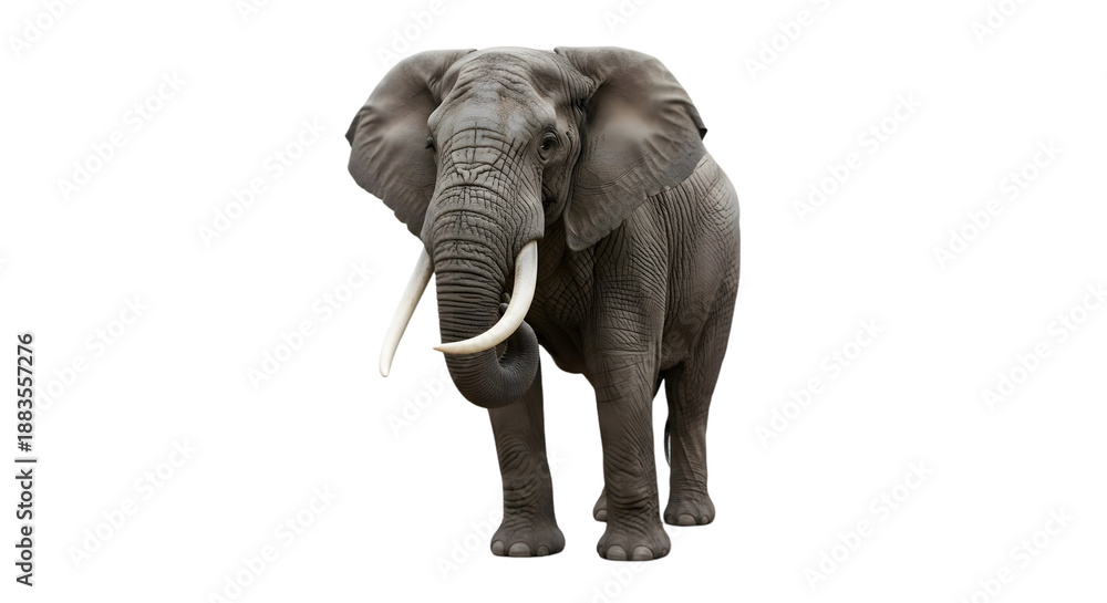 Obraz premium Majestic African Elephant Standing Tall with Prominent Tusks and Wrinkled Skin Against a Clean White Background