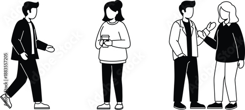 Group of diverse young adults standing together while one walks by holding a beverage container in casual setting.