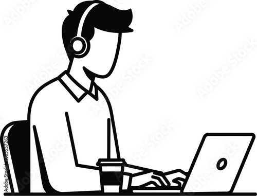 Faceless silhouette of a remote worker wearing headphones typing on a laptop next to a disposable coffee cup.