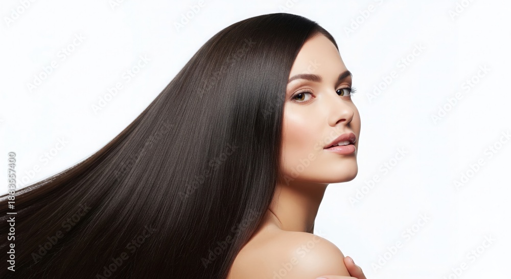 Obraz premium Portrait of a beautiful young woman with long, straight, flowing dark hair, highlighting its incredible shine, health, and natural elegance against a clean white background