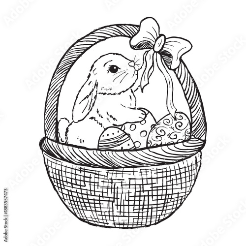 Hand drawn bunny in spring basket with easter eggs and ribbon bow. Happy Easter greeting card. Vector sketch illustration in vintage crayon charcoal style