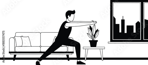 Man performs a resistance band lunge exercise while training indoors near a window overlooking the city skyline.