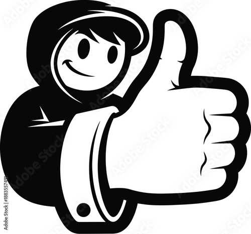 Enthusiastic character wearing a hoodie gives a massive thumbs-up gesture signifying approval, agreement, and positive.
