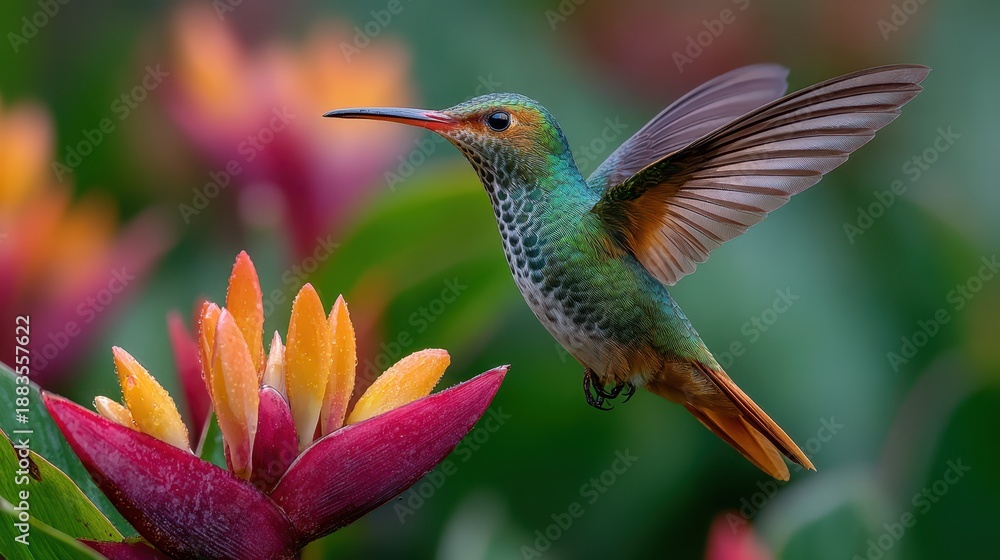 Obraz premium Hummingbird collects nectar from Heliconia plant in Costa Rica during sunny day