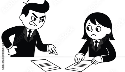 Angry boss pointing firmly at documents while a sad employee sits nervously across the desk during a difficult meeting.