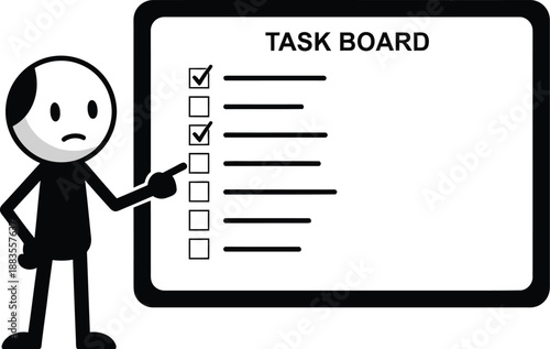 Stick figure manager points at a task board highlighting completed and pending items on a checklist for project.