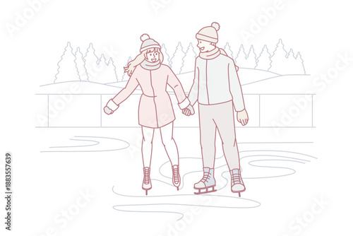 Winter activities and sport concept. Young couple boy and girl holding hands skating on rink outdoors in winter having fun together vector illustration
