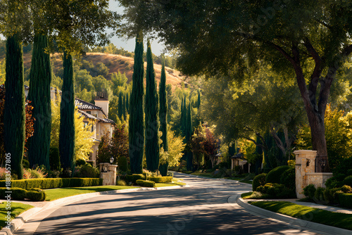 Trees line a quiet street in a suburban neighborhood during the afternoon