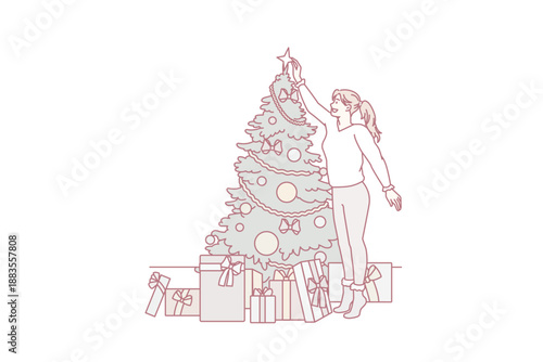 Decorating and preparing for winter holidays concept. Smiling girl standing decorating Christmas tree and collecting New year presents in colorful boxes vector illustration