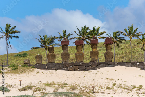 Rear View of Ahu Nau Nau and Its Moai with the Sandy Landscape of Anakena Beach, Rapa Nui