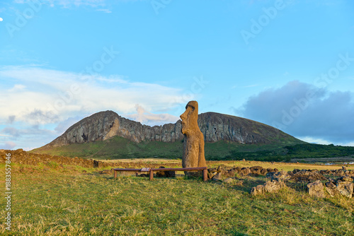 Solitary Moai with Rano Raraku Volcano Rising in the Background.