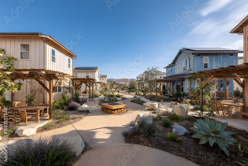 Homes and pathways are seen in a community setting with gardens and seating during a sunny day in a residential area