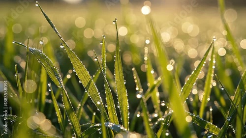 Closeup of fresh green grass with sparkling dew drops in morning light.
