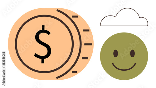 Money management, wealth, success, financial planning, happiness, optimism. A dollar sign on a coin next to a smiling face and cloud. Money management and happiness concept