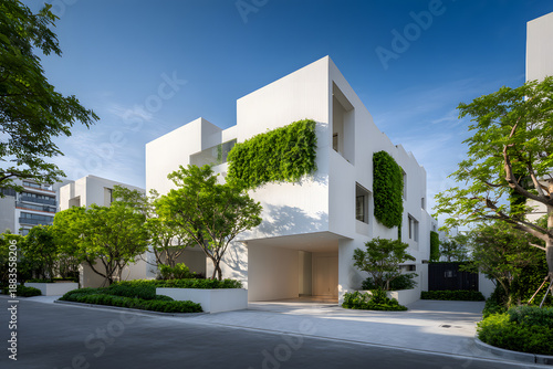 Modern architecture showcases white buildings with greenery in an urban area during daylight hours