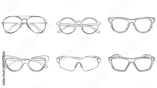Set of six different eyeglass frames isolated on transparent background
