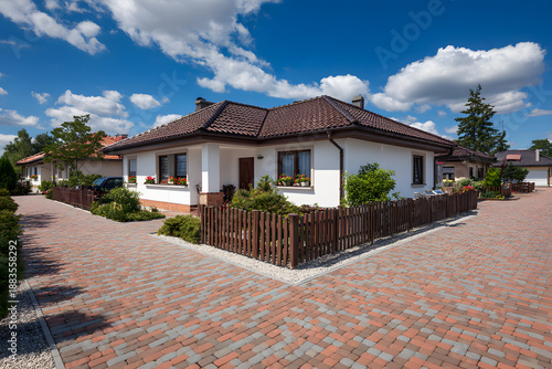 Pictures of houses with gardens and paths on a sunny day in a residential area with blue skies and clouds