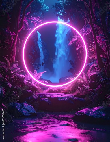 Wallpaper Mural Neon Portal to a Mystical Waterfall Oasis in a Lush Jungle. Torontodigital.ca