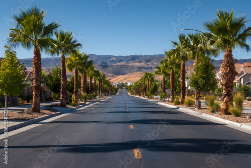 Sunny street lined with palm trees in a suburban area with houses and mountains in the background during a clear day