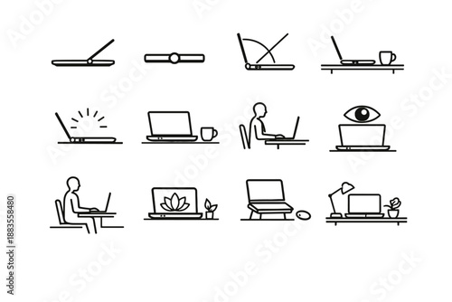 Opening laptop routine vector icon use posture concept silhouette axis workspace iconography