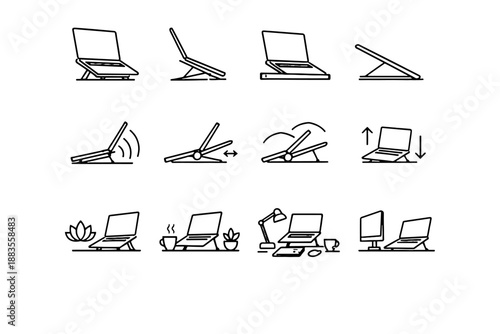 Base icon silhouette laptop compensation adaptability scenario angle setup hinge set vector