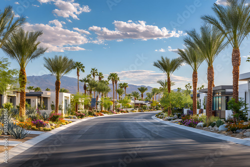 Palm trees line a quiet road in a residential area with houses and mountains in the background during late afternoon