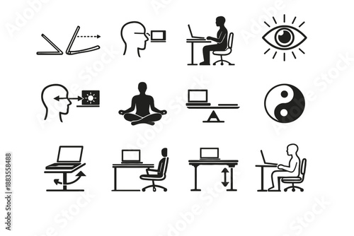 Seated gaze icons comfort vector ergonomic balance icon calm grid focus silhouette