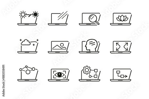 Laptop optimization viewing lines light readability focus icons glare hinge vector calm