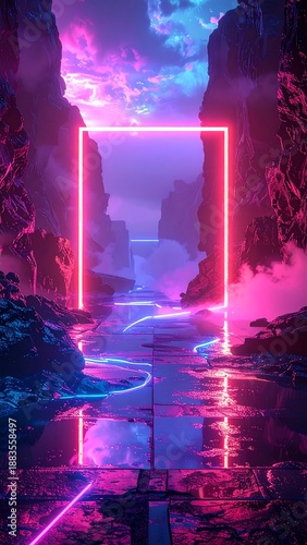 Wallpaper Mural Neon Portal to Another World - A Vibrant Landscape of Light and Shadow. Torontodigital.ca