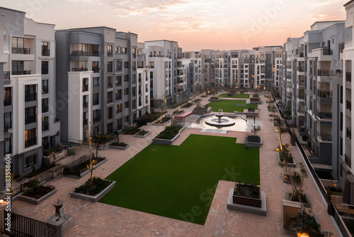 Modern apartment complex with open green space and fountain in the courtyard during sunset