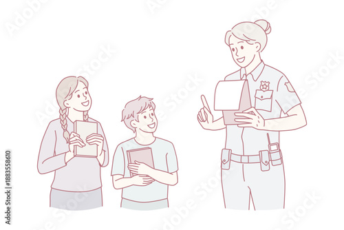 Education and learning police concept. Smiling children standing with notebooks and looking at policewoman telling them rules and teaching vector illustration