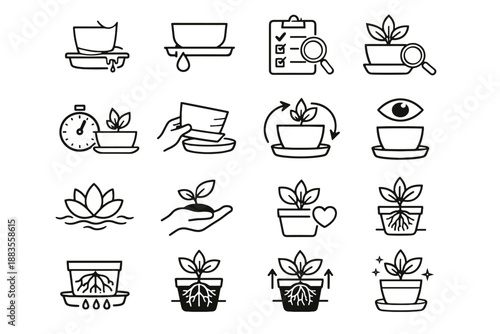 Periodic habit icons drainage routine roots plant care arrows vector icon calm
