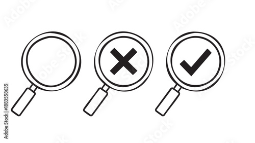 Three magnifying glasses showing different search results isolated on transparent