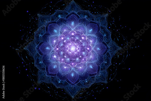 Colorful mandala design with light effects in a dark background showing symmetry and patterns