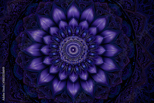 Colorful purple flower pattern on dark background showing detailed design of petals and layers in a circular shape