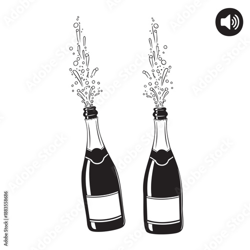 Two champagne bottles popping corks with celebratory bubbles isolated