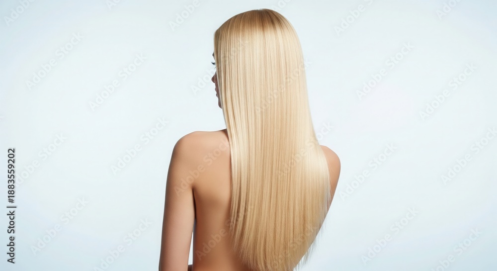 Naklejka premium Stunning rear view of an anonymous woman showcasing her radiant, perfectly straight, and incredibly long blonde hair, embodying beauty, elegance, and the essence of healthy hair care