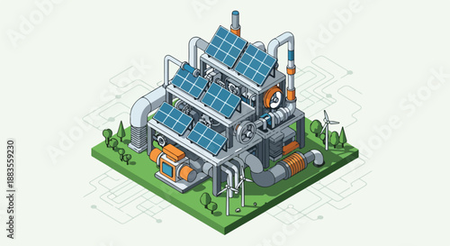 Isometric illustration of a sustainable green energy power plant featuring solar panels, wind turbines, and eco-friendly technology for clean electricity.