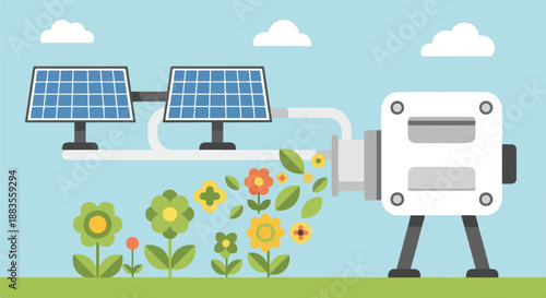 Sustainable energy concept: Solar panels generating clean power, leading to a flourishing environment with flowers and green leaves, symbolizing eco-friendly solutions.