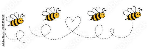 Cartoon Bee Icon Set Vector Illustration with Cute Bee Flying on Dotted Route Path, Isolated on White Background, Flat Design Insect Character for Logo, Sticker, App and Kids Design