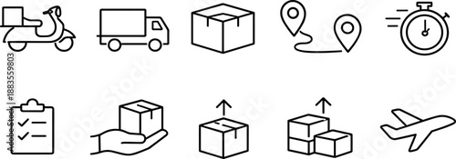 Delivery and logistics line icons including shipping truck, package in hand, checklist, parcel tracking, stopwatch, open box, magnifier, hand truck, shield, and drone. Minimalist black outline icon se