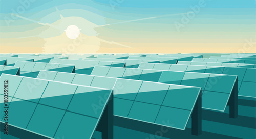 Vast solar panel farm under a bright sun, representing renewable energy and a sustainable future.