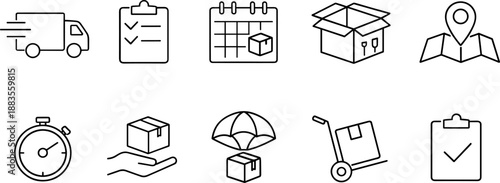 Delivery and logistics line icons including shipping truck, package in hand, checklist, parcel tracking, stopwatch, open box, magnifier, hand truck, shield, and drone. Minimalist black outline icon se