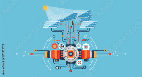Solar power system schematic with panels, generator, and energy distribution network on blue background.