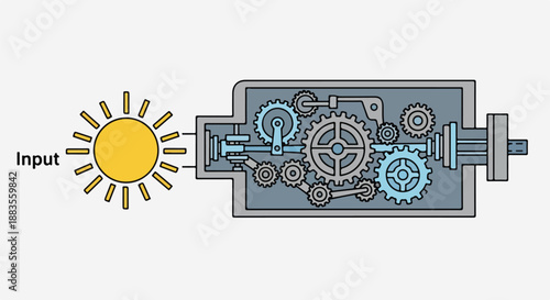 Illustration of solar energy input powering a mechanical gear system, representing renewable energy and technology