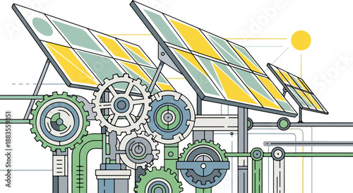 Abstract illustration of solar panels and gears, representing renewable energy and mechanical engineering, clean technology concept.