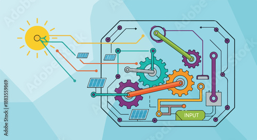 Abstract illustration of solar energy powering a complex mechanical system with gears and circuits, representing innovation and technology
