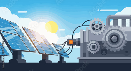 Solar panels connected to a mechanical generator, symbolizing renewable energy and technological innovation.